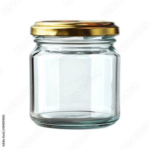 Clear Glass Jar With a Gold Metal Lid on a White Background for Storage or De...