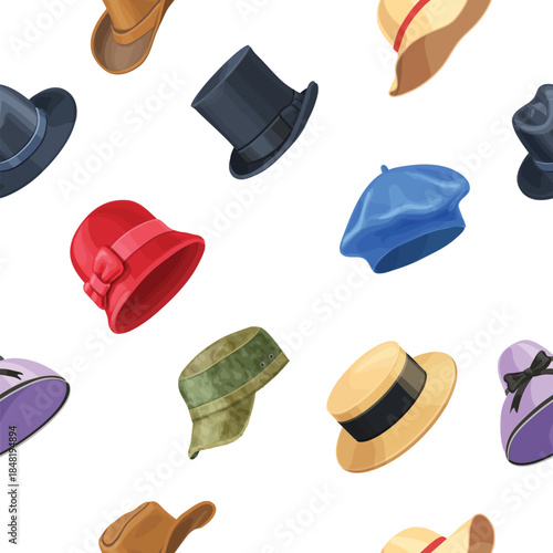 Man woman hats, cowboy and gentlemen hat seamless pattern. Head accessories falling, cap and cylinder. Girl summer beach accessory, panama background
