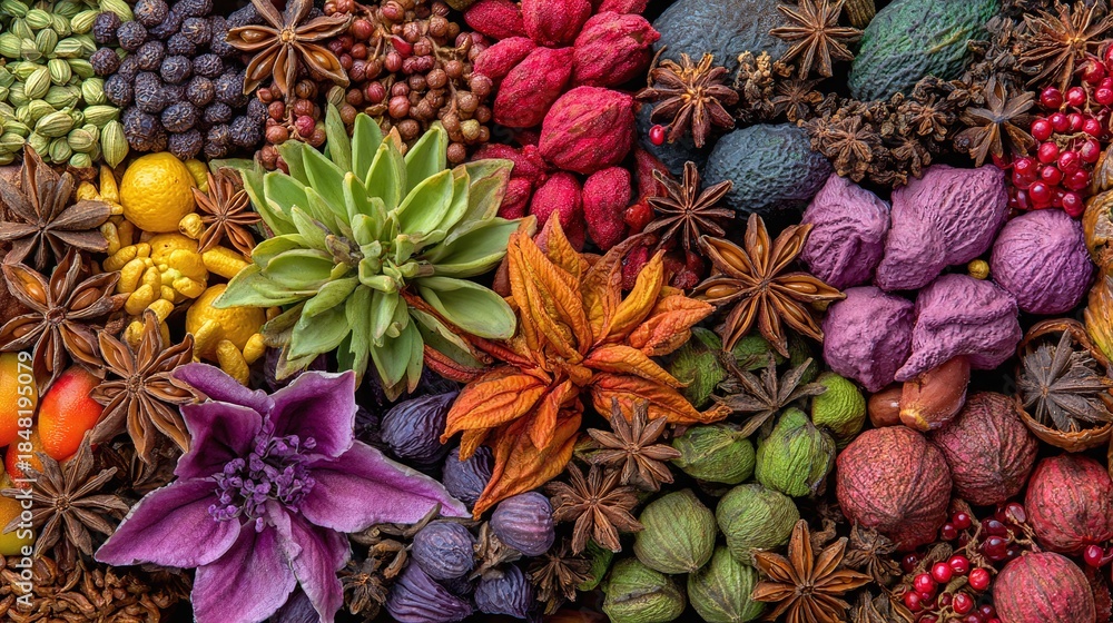 Fototapeta premium A vibrant assortment of spices and botanicals creates a colorful mosaic, blending textures and hues in a rich display of nature's artistry. An explosion of colors and patterns.