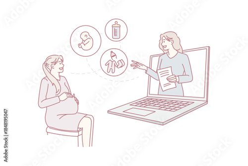 Female doctor consult pregnant woman online on computer. Happy mom to be have webcam consultation with gynecologist, talk speak on video call virtual event on lockdown. Flat vector illustration.