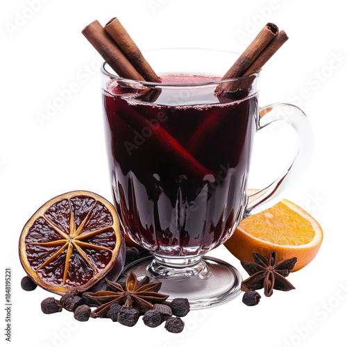 Warm Drink With Spices Made From Fruit Served in Glass With Cinnamon Sticks a...