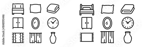 Minimalist outline style bedroom furniture and home accessories set featuring bed, pillow, clock, and curtains