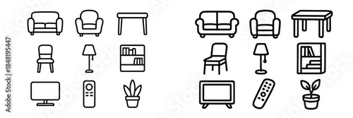 Minimalist line art icons of sofa, chair, table, lamp, and television set
