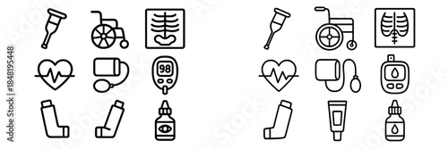 Set of essential healthcare and medical icons featuring crutches, wheelchair, and diagnostic tools