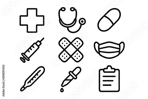 Outline icons set for medical care, health services, and first aid equipment