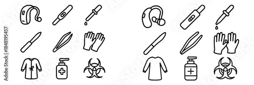 Collection of essential health, laboratory, and medical safety outline symbols for modern design projects