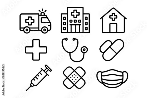Essential medical and healthcare symbols including hospital, ambulance, stethoscope, and syringe