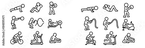 Various gym exercises and workout routines including cardio and strength training activities