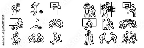 Athletes playing basketball, volleyball, soccer, rugby, and hockey games