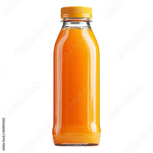Fresh Orange Drink in a Glass Bottle With a Yellow Cap on a Plain Background