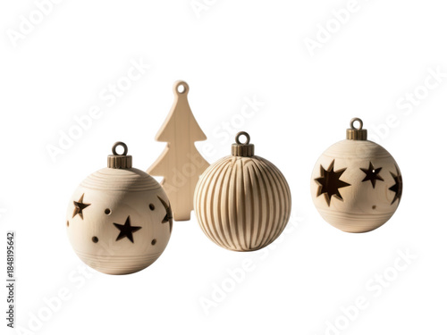 Wooden Christmas ornaments and tree on black background natural