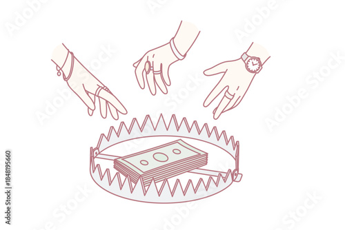 Forbidden money and bribe concept. Human hands reaching for stack of green cash money in trap over green background vector illustration
