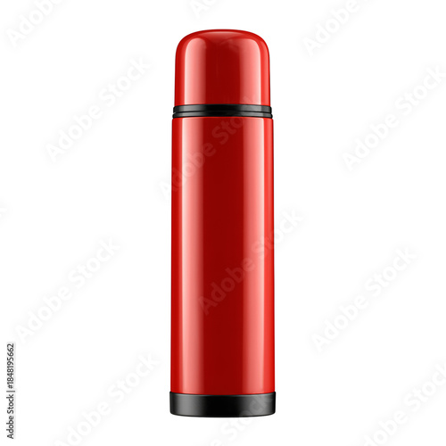 Thermal Bottle in Bright Red Color Standing Upright on a Plain Background