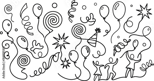 Continuous line doodle art illustration featuring celebratory balloons confetti and happy dancing people for festive party designs
