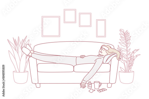 Feeling fever and ill concept. Sick young woman lying on coach with medicines on floor feeling bad at home vector illustration