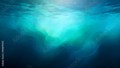 Underwater blue water surface with sun rays and light reflections. Deep sea view with turquoise and dark blue hues, aquatic natural background texture.