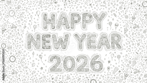 Decorative Happy New Year 2026 greeting card design with doodle elements featuring celebratory confetti balloons and party poppers for seasonal wishes