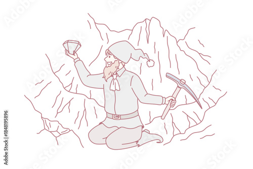 Mining diamonds and precious stones concept. Small smiling troll sitting with hammer holding huge blue diamond in hands vector illustration