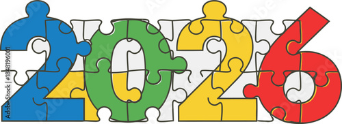 Vibrant colorful jigsaw puzzle pieces precisely assemble to form the numerical year 2026 symbolizing upcoming solutions and collaborative new year planning