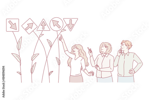 Businesspeople look at different directions search for solution together. Diverse employees or workers engaged in teamwork think of project or strategy launch. Cooperation. Vector illustration.
