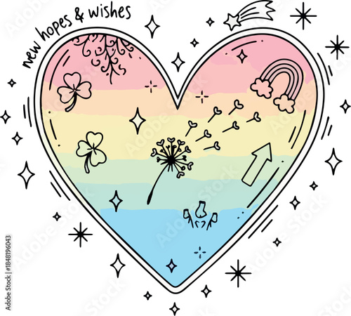 Whimsical handdrawn heart illustration featuring a soft rainbow gradient with dandelion seeds blowing fourleaf clovers and new hopes and wishes text creating a dreamy symbol of positivity