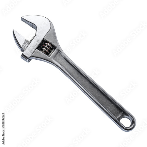 Close-up View of a Metal Adjustable Wrench on a Plain Background With Clear D...