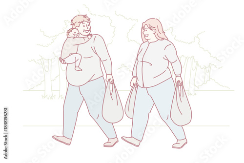 Obese family with child shopping carrying bags with products. Fat overweight parents with small kid buy food meal, suffer from eating disorder. Bad habits, dieting and wellness. Vector illustration.