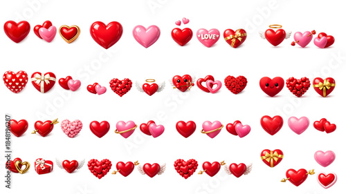 3D Valentine’s Day Hearts Collection Isolated on White Background