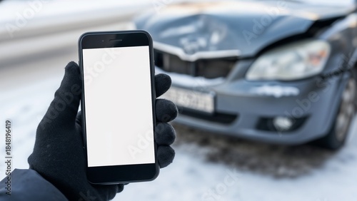 Hand holding smartphone with black screen after car accident on snowy winter road