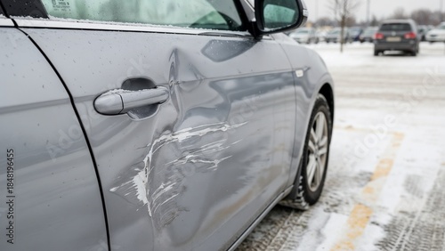 Side car door damage from winter parking lot accident