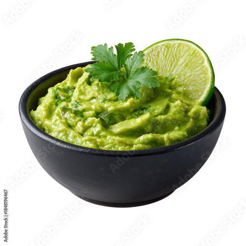 Fresh Guacamole Served in a Wooden Bowl With Lime and Cilantro