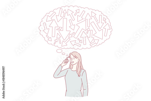 Young woman with speech bubble above head feel confused think of problem solution. Pensive female frustrated with planning or decision making, brainstorm solve problem. Vector illustration.