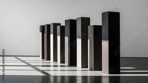Minimalist Monolithic Concrete Pillars in Gallery Space with Dramatic Shadows