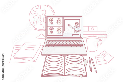 Workplace of student study online with laptop on lockdown at home. Desk with computer internet class and books. Remote education. New normal concept. Distant learning. Vector illustration.