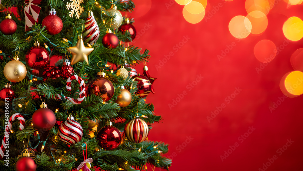 Fototapeta premium A festive christmas tree decorated with red and gold ornaments against a bokeh background