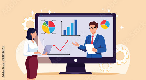 A woman and a man are discussing data on a large computer screen with charts and graphs, vector art illustration design template.