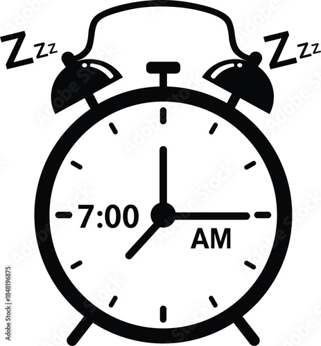 Black and white vector silhouette design of an alarm clock showing 7:00 am time with sleeping symbols isolated on a white background.