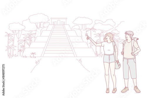 Happy couple tourists explore travel destination in tropical country. Smiling man and woman travelers discover landmarks or attractions on summer holiday or vacation. Tourism. Vector illustration.