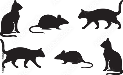 Black silhouettes of cats and mice in various poses, animals vector art illustration design template isolated on a white background.