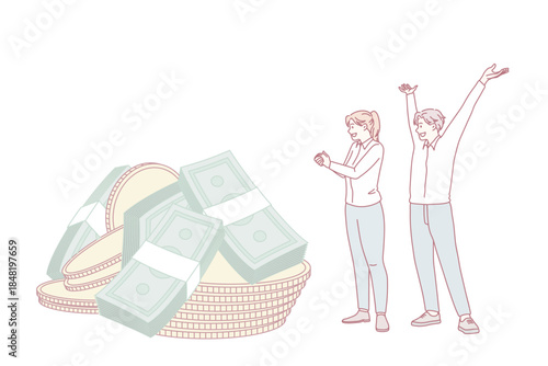Happy people feel excited euphoric with money dividend from good successful investment. Smiling workers satisfied with salary or wage increase. Financial win or victory. Finance. Vector illustration.