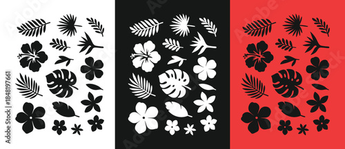 Tropical leaf stencils on white black and red backgrounds