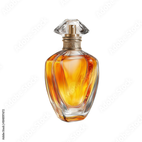 Bottle of Golden Liquid With a Diamond-Shaped Cap on a White Background