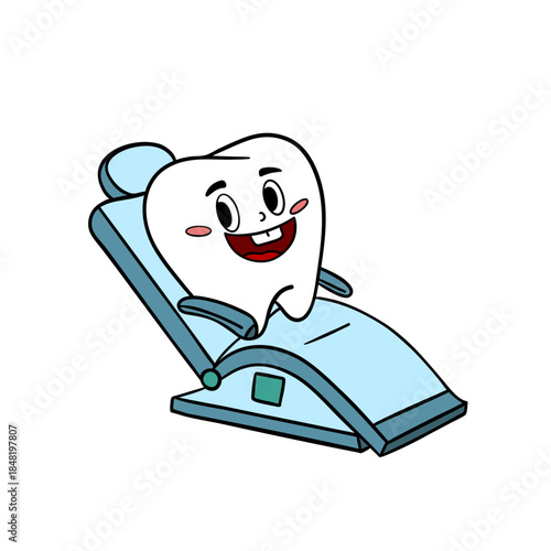 Hand-drawn illustration of cute happy tooth sitting in dentist chair. Dental education, children’s dental materials