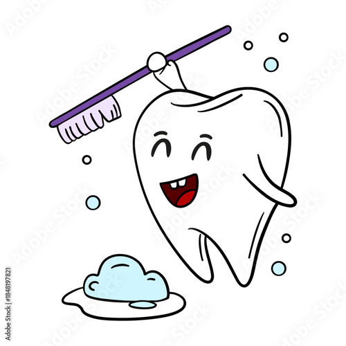 Hand-drawn illustration of cute happy tooth brushing itself with toothbrush. Dental education, oral hygiene