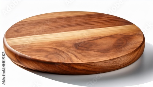 round acacia wood cutting board serving platter warm brown grain rustic texture clean isolated on transparent with copy space soft light concept for kitchenware products
