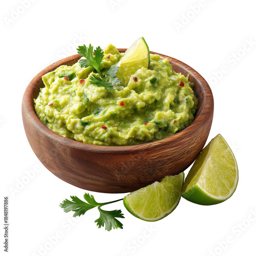 Fresh Guacamole Served in a Bowl With Lime Wedges Next to It on a Plain Backg...