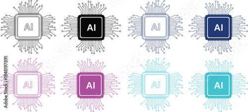 Eight vector colorful AI chip with circuit patterns in different colors, artificial intelligence