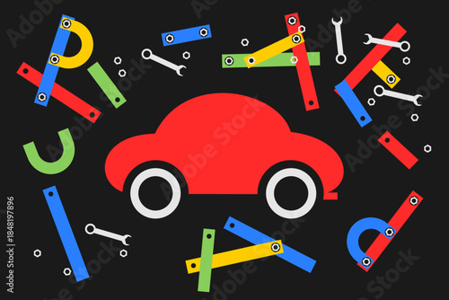 Garage, car and mechanic tools. repair and fix of broken and damaged automobile, auto and vehicle. Vector illustration. 