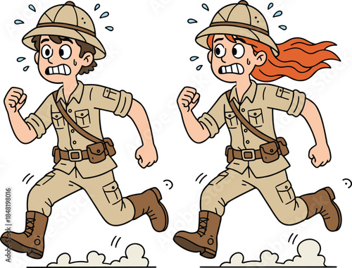 Cartoon explorers running, adventure escape scene, khaki outfit characters, motion lines, expressive urgency, flat vector illustration