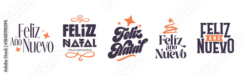 Conjunto de letterings manuais de Feliz Natal e Feliz Ano Novo com árvore de natal abstrata e estilo retrô.